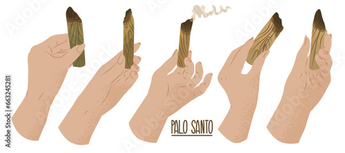 Holy sacred Palo Santo incense sticks. The practice of cleansing by burning incense. Maintaining life balance, replenishing energy. Vector illustration isolated on white background.