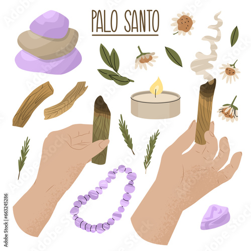 Holy sacred Palo Santo incense sticks. The practice of cleansing by burning incense. Maintaining life balance, replenishing energy. Vector illustration isolated on white background.