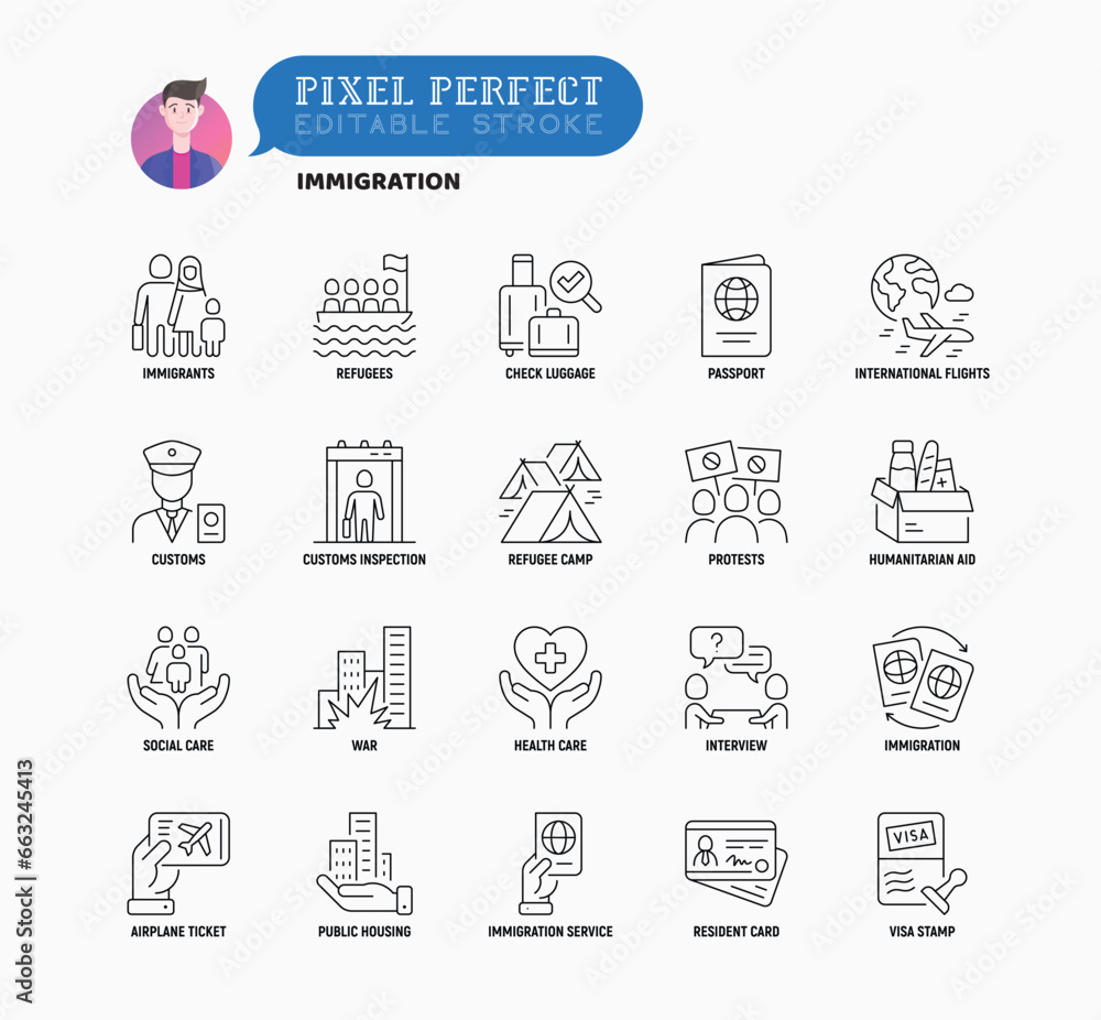 Immigration thin line icons set: immigrants, illegals, baggage examination, passport, resident card, public housing, customs, inspection, refugee camp. Editable stroke. Vector illustration.