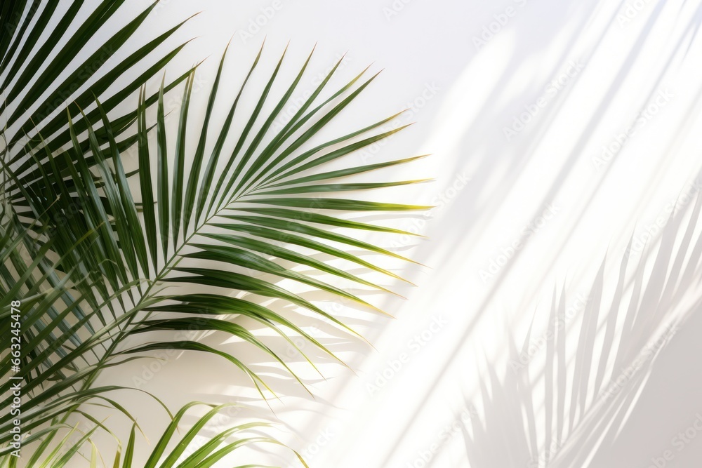 Green tropical tree palm leaves with sunny shadow on white wall as background. Shadows of leaves in sunlight. Copy space. Minimal stylish background for presentation Green tropical tree palm leaves with sunny shadow on white wall as background. Shadows of leaves in sunlight. Copy space. Minimal stylish background for presentation