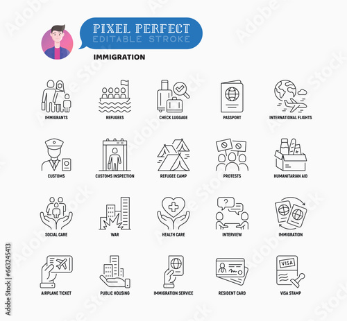 Immigration thin line icons set: immigrants, illegals, baggage examination, passport, resident card, public housing, customs, inspection, refugee camp. Editable stroke. Vector illustration.