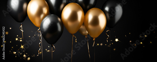 Gold baloons and confetti against black background. Celebration and festive concept.