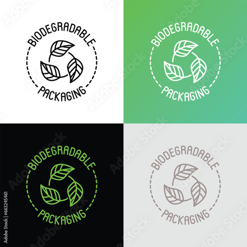 Biodegradable thin line icon for packaging. Leaves in circle. Symbol of recyclable. Modern vector illustration.