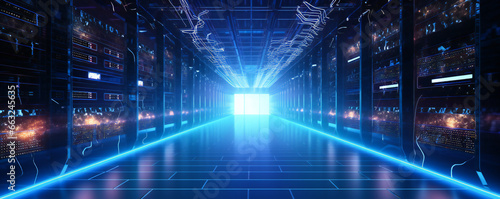Dark server room, data storage and traffic concept