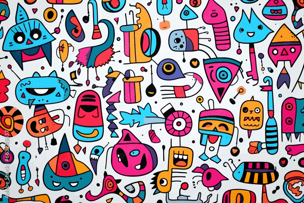 Doodle quirky doodle pattern, wallpaper, background, cartoon, vector, whimsical Illustration Doodle quirky doodle pattern, wallpaper, background, cartoon, vector, whimsical Illustration