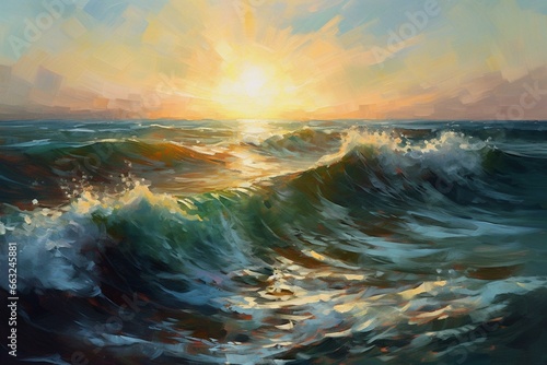 painting of sea waves shining in sunlight during the magical hour. Generative AI