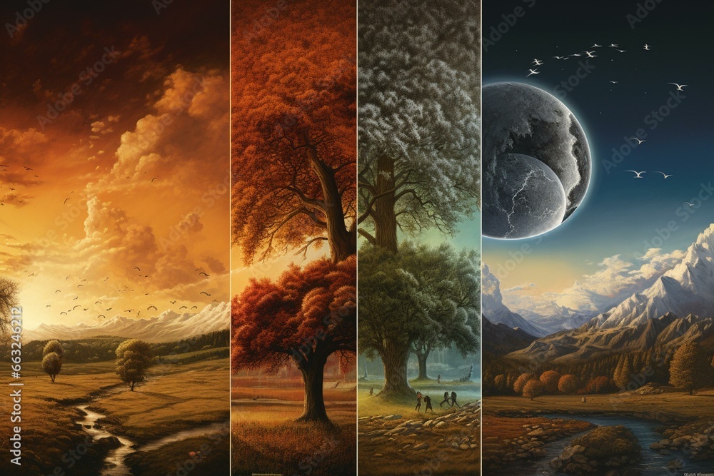 an image depicting the cycle of nature and weather changes throughout the year. Generative AI - obrazy, fototapety, plakaty 