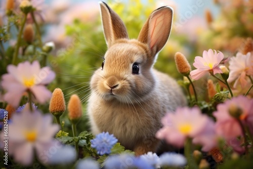 cute bunny wearing pastels and surrounded by flowers outside. Generative AI