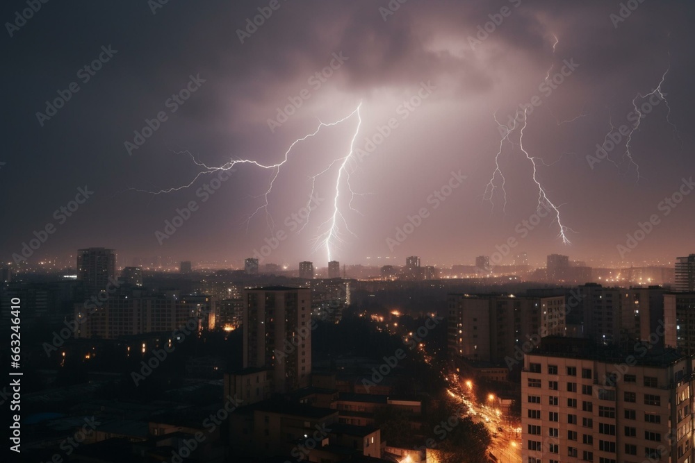 Intense storm ravages city with thunderbolts. Generative AI