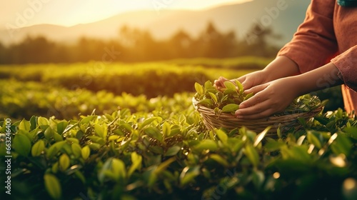 Tea picker women harvesting tea leafs in a tea plantation photo