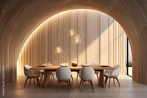 The Minimalist Interior Design of a Modern Dining Room Featuring Abstract Wood Paneling and an Arched Wall © Asiri