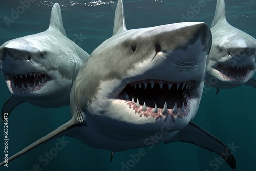 Three large sharks approach you from the deep and one attacks  rendered in 3D. Generative AI