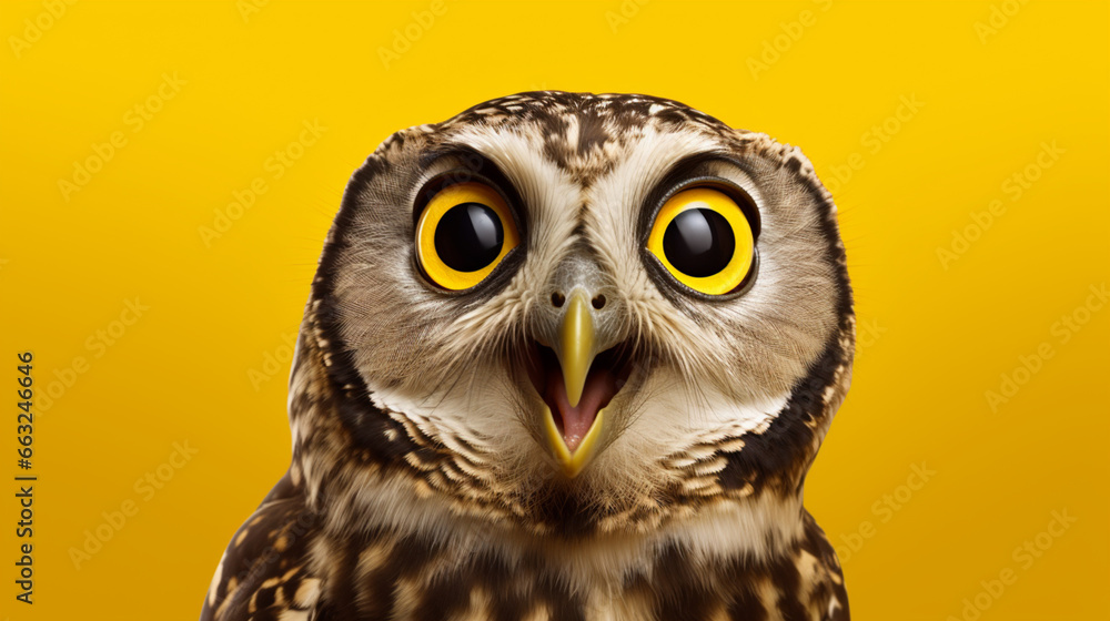 Fototapeta premium Studio portrait of surprised owl, isolated on yellow background