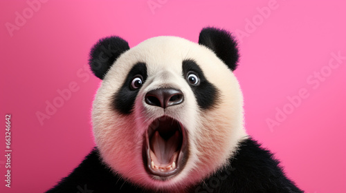 Shocked panda with big eyes isolated on pink background, funny animal expression, cute and surprised face