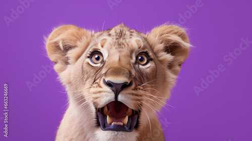 Shocked lion with big eyes isolated on purpple background, funny animal expression, cute and smile face photo