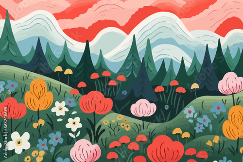 Alpine meadows quirky doodle pattern, wallpaper, background, cartoon, vector, whimsical Illustration