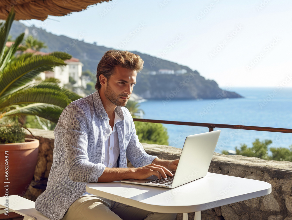 Young man working remotely on a terrace with a view. AI generative.