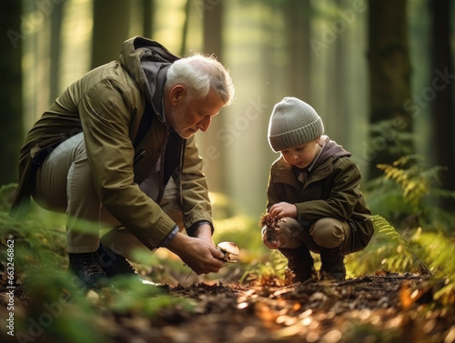 Grandfather with his grandson searching for mushrooms in the forest. AI generative.