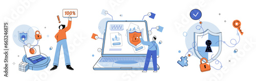 Cybersecurity concept set, secure passwords and site registration. Computer and smartphone protection by antivirus software. Secure login via internet from electronic gadget. Safe locked website using