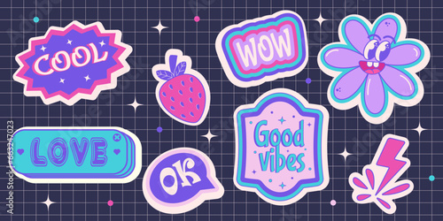 stickers with inscriptions in retro style y2k