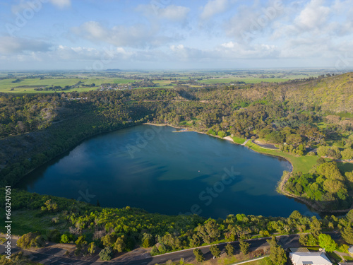 Daytime aerial views of Valley Lake (Ketla Malpi) in Mt Gambier, South Australia photo