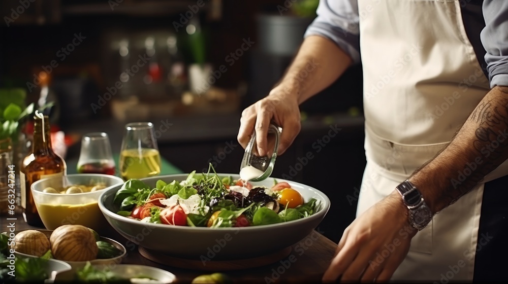 Professional Chef-cook Decorating Dish In Restaurant Kitchen Alone. Man In White Apron Makes Finishing Touch On DIsh. Culinary, Restaurant
