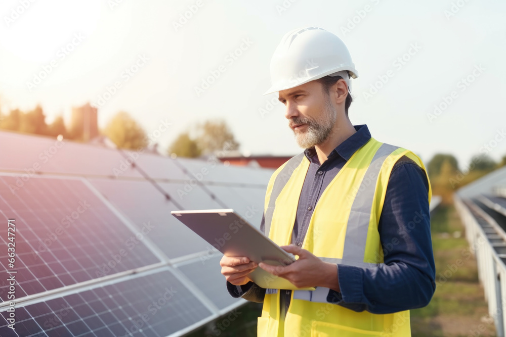 Photo of a Male Engineer With Digital Tablet Near Solar Panels Photo of a Male Engineer With Digital Tablet Near Solar Panels