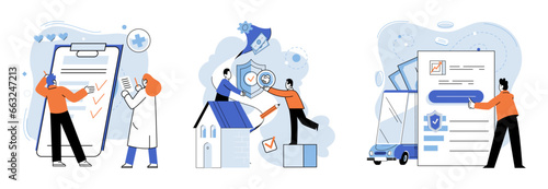 Insurance for car, property, travel, accident, life, medical. Insurance concept includes various levels of coverage suit different budgets Covers home, medical, life, and vehicle insurance