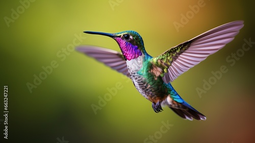 Wide-billed Hummingbird .Hummingbird, in flight facing away from the camera with colorful flowers in the background.