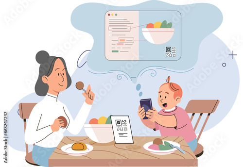 Healthy food app as mobile application with nutritional value for baby. Interactive tool to separate junk and vitamin rich meal eating. Web help for feeding children. Child scans qr code on phone