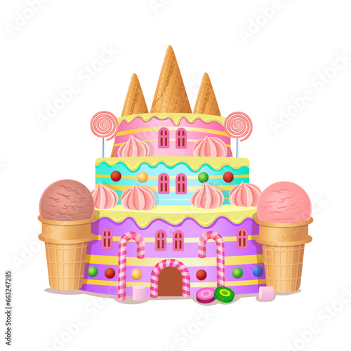 Cake castle. Sweet castle in the candy land. Fairy tale. Vector illustration on white background.
