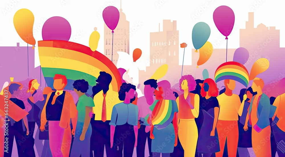 Generative IA illustration of Lgbt people tolerance, parade, flags, balloons, lgbtq + pride, two - dimensional illustration in flat colors Generative IA illustration of Lgbt people tolerance, parade, flags, balloons, lgbtq + pride, two - dimensional illustration in flat colors