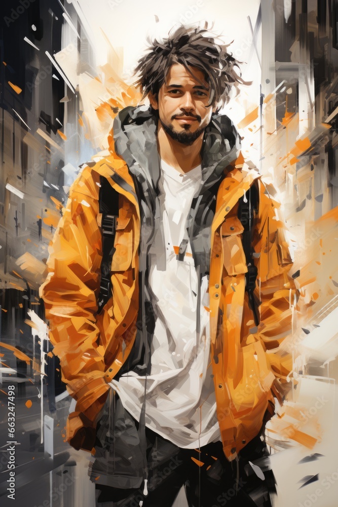 A painting of a man in a yellow jacket. AI image.