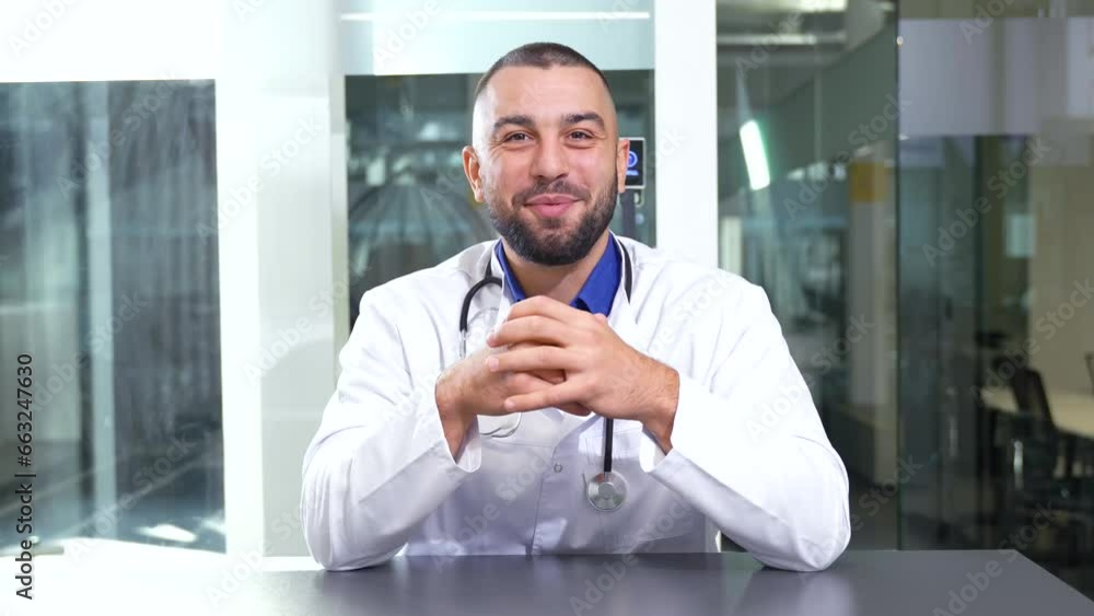 Happy young male doctor talking to camera looking at us making online video conference. Remote medicine and online doctor footage. Happy young male doctor talking to camera looking at us making online video conference. Remote medicine and online doctor footage.