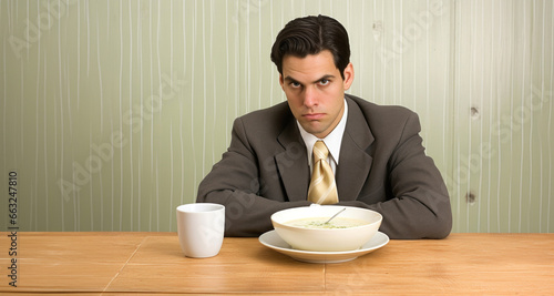 hombre desconfiado comiendo
