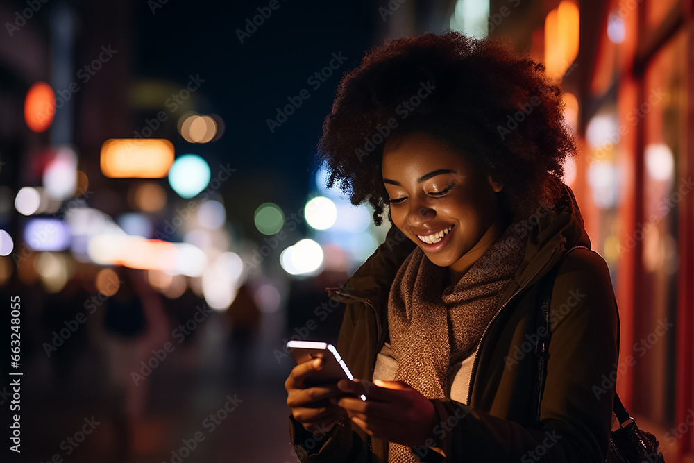 The portrait of a smiling woman using a smartphone to texting a message in a night, Generative AI. The portrait of a smiling woman using a smartphone to texting a message in a night, Generative AI.