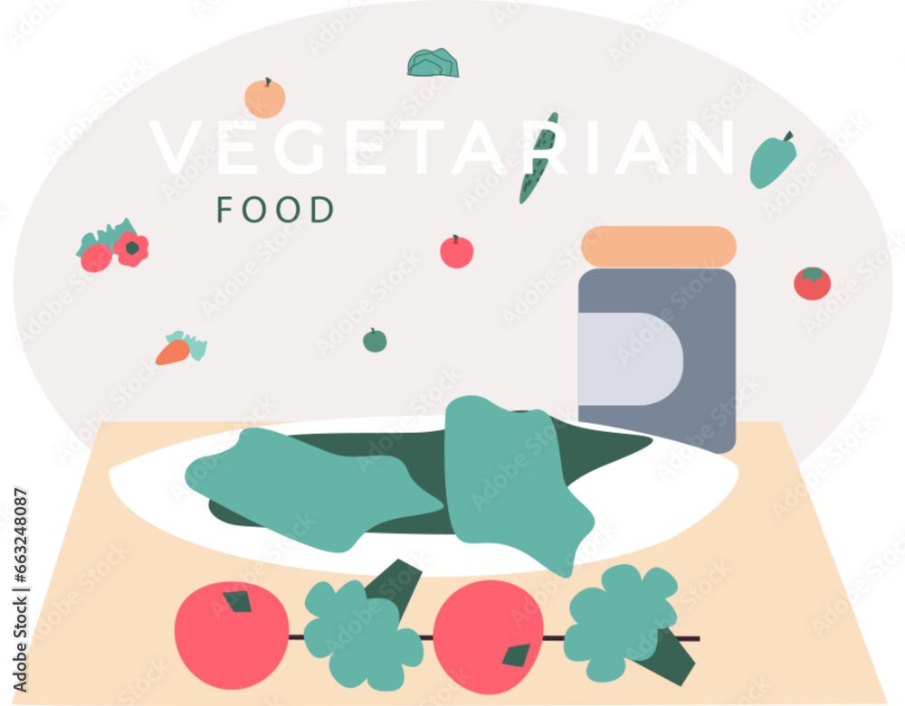 Naklejka premium Plate with fresh vegetables, lettuce and tomato vector illustration. Healthy food, natural ingredients for vegetarian dish, salad. Cook at home, organic food, vegan product preparation concept