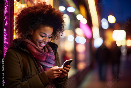 The portrait of a smiling woman using a smartphone to texting a message in a night, Generative AI.