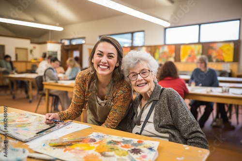 Cheerful middle aged woman with Young artist woman attend a painting workshop together and have fun. happy and cool smile on face. Generative AI