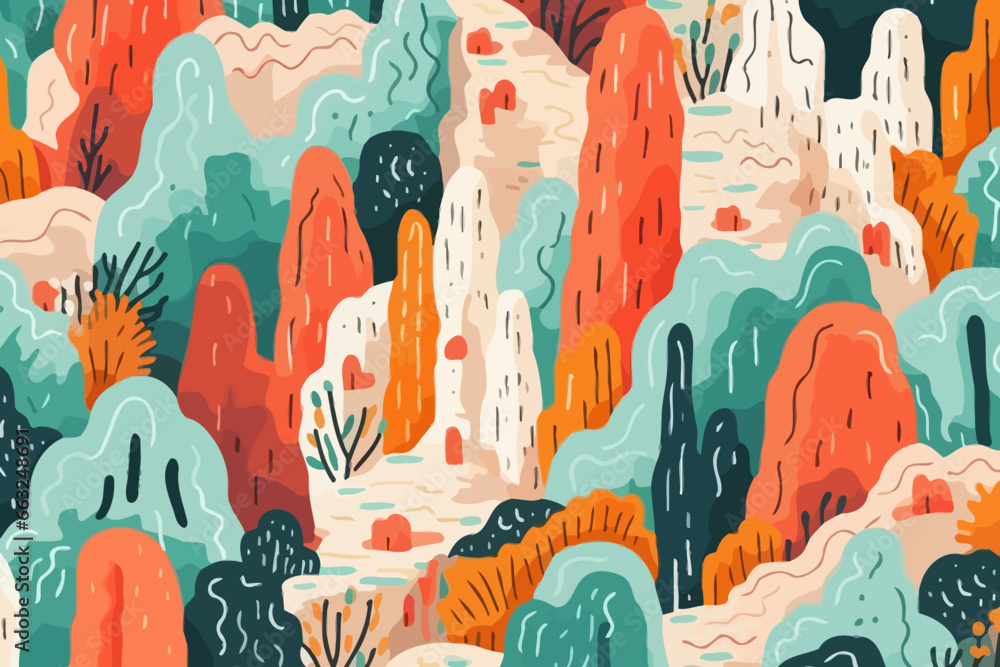 Rocky cliffs quirky doodle pattern, wallpaper, background, cartoon, vector, whimsical Illustration
