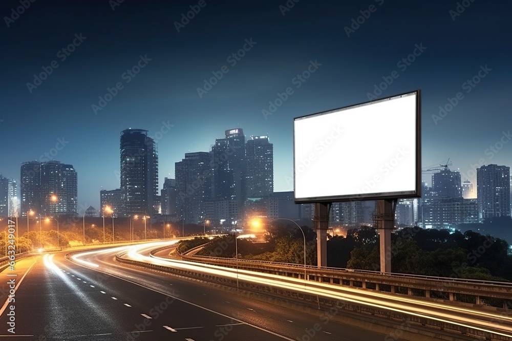 Blank sign on highway with city background with clipping path on screen - can be used for trade shows, promotional posters. Advertising concept Blank sign on highway with city background with clipping path on screen - can be used for trade shows, promotional posters. Advertising concept