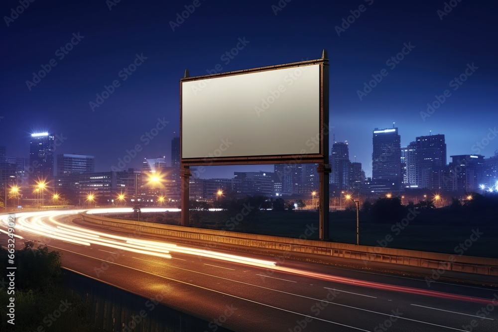 Blank sign on highway with city background with clipping path on screen - can be used for trade shows, promotional posters. Advertising concept Blank sign on highway with city background with clipping path on screen - can be used for trade shows, promotional posters. Advertising concept