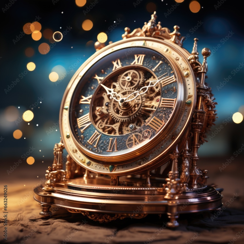 Obraz premium A gold clock sitting on top of a table. AI image.