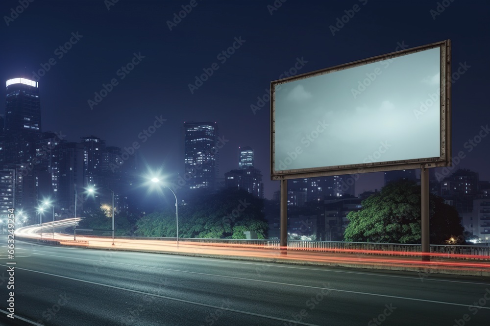 Blank sign on highway with city background with clipping path on screen - can be used for trade shows, promotional posters. Advertising concept Blank sign on highway with city background with clipping path on screen - can be used for trade shows, promotional posters. Advertising concept