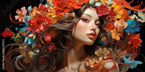 A painting of a woman with flowers in her hair. AI image.