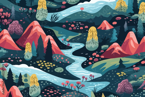 Mountain lakes quirky doodle pattern, wallpaper, background, cartoon, vector, whimsical Illustration photo