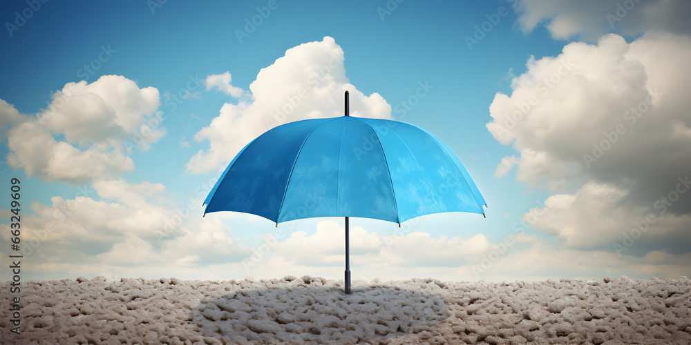 A blue umbrella stands, A blue umbrella is standing on a wet road with the sun shining through the clouds. Generative Ai