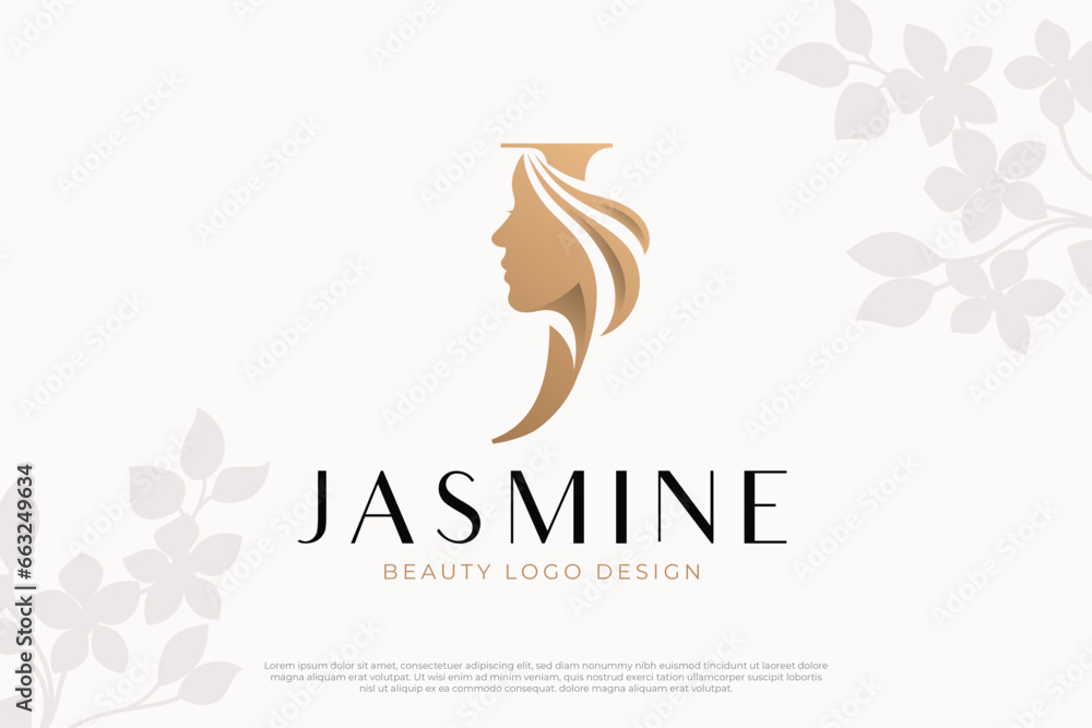 Fototapeta premium Beautiful Gold Monogram Logo Silhouette of Woman Letter J