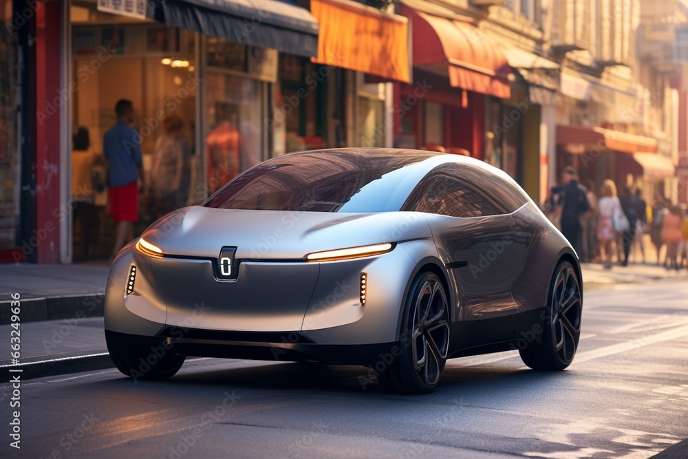 Small Compact Electric Car Navigating City Streets Created with Generative AI