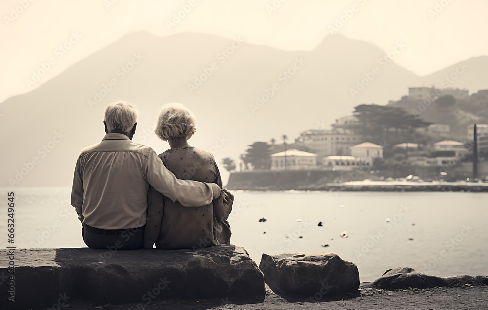 Fototapeta premium Elderly couple sitting on the beach looking at the sea and mountains